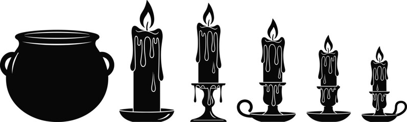 Halloween witch cauldron and melting candles silhouette set, spooky magic potion pot with dripping wax candles isolated on white background, dark fantasy theme © MostArjuma