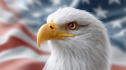 Fototapeta premium Bald eagle with sharp gaze and detailed feathers in front of a blurred American flag background, symbolizing national pride and wildlife conservation efforts