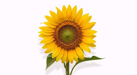 Obraz premium A single, vibrant sunflower with bright yellow petals and a dark brown center stands tall against a clean white background.
