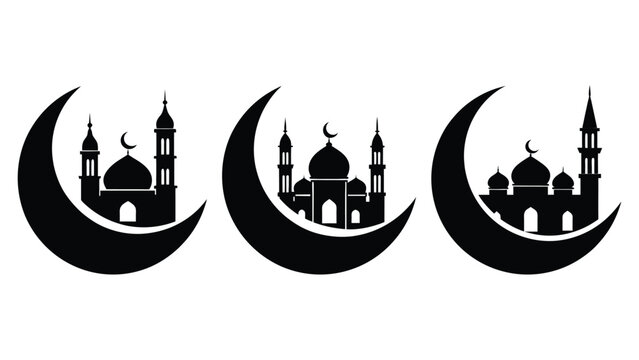 Black silhouettes of mosques on crescent moon Islamic symbol designs  religious architecture