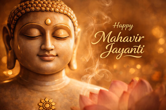 Tirthankar Lord Mahavir statue with golden aura celebrating Mahaveer Jayanti Jain festival spiritual devotion