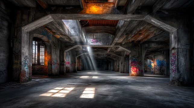 Abandoned Concrete Supermax Facility with Sunlight and Graffiti Inside