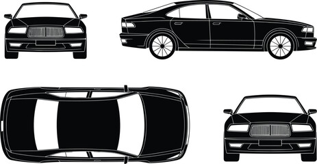 Obraz premium Full set of luxury sedan car silhouettes including front side and top view perspectives isolated on white background vector illustration for automotive transport logo or vehicle technical