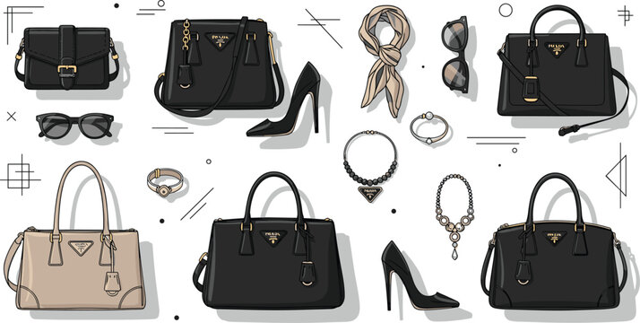 Luxury Handbag and Fashion Accessories Illustration Set with Prada Bags, Sunglasses, Shoes, and Jewelry in Elegant Style