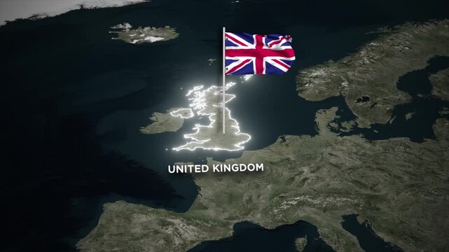 United Kingdom Glowing Border Map Animation with 3D Waving UK National Flag and on World Map