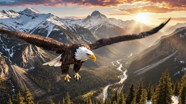 Majestic bald eagle soaring above mountain range in golden sunlight
