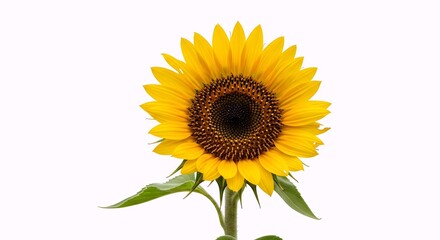 Obraz premium A single, vibrant sunflower with bright yellow petals and a dark brown center stands tall against a clean white background.