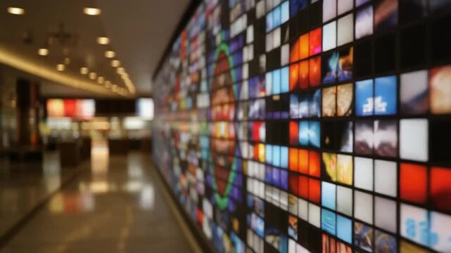Colorful Mosaic Art Installation in a Blurred Airport or Train Station Terminal Background