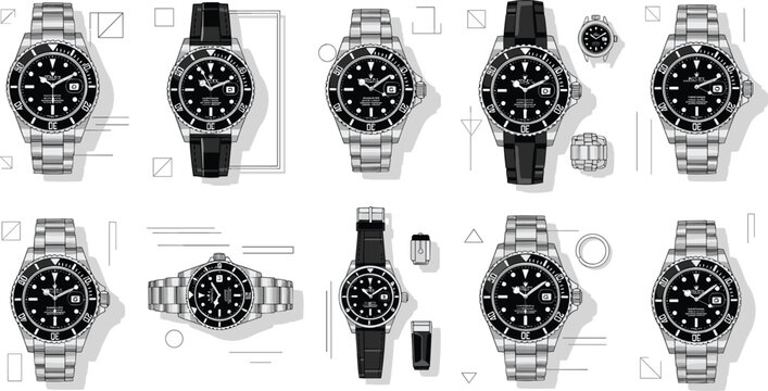 Minimalist Watch Illustrations with Black and Silver Dials, Geometric Shapes, and Clean Lines for Modern Timepiece Designs