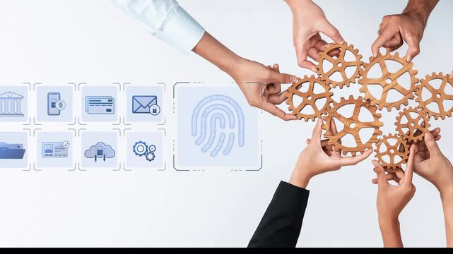 Diverse hands unite to hold wooden gears, representing collaboration and innovation in technology. A backdrop of digital icons emphasizes teamwork in modern business strategy and solutions. Raster