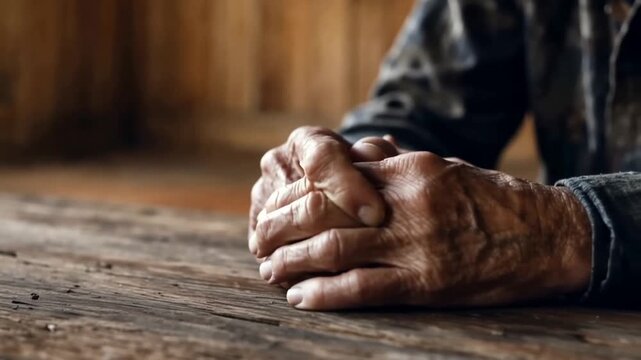 Elderly person's hands clasped on a rustic wooden table with blurred background