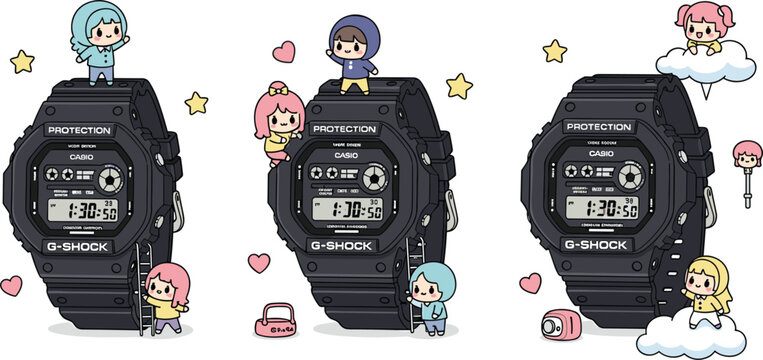 Kawaii G-Shock Watch Illustrations with Cute Characters, Stars, and Clouds for Trendy and Whimsical Designs
