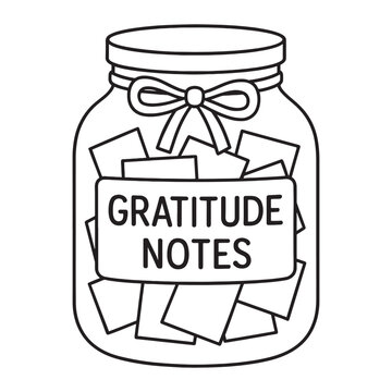 Gratitude Jar with Paper Notes Black and White Line Art Illustration