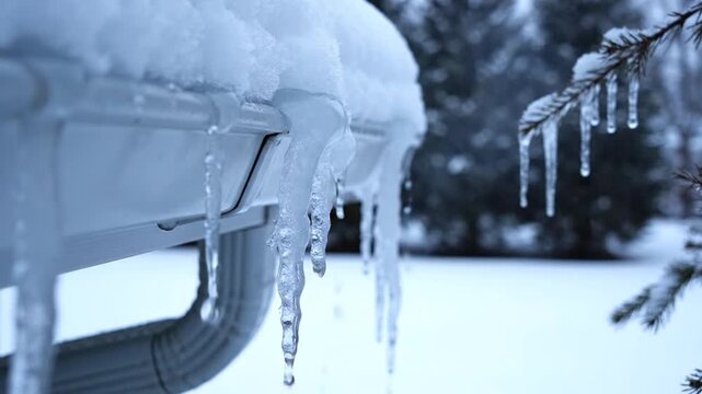 Snowy roof gutter with icicles forming over snowy yard and trees in background