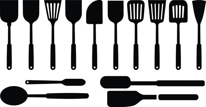 Kitchen utensil silhouette collection set featuring various spatulas turners and spoons isolated on white background vector illustration for cooking restaurant logo or bakery design
