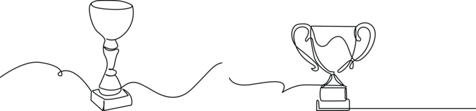 Minimalist continuous line art illustration featuring two distinct trophy cups on white background Vector