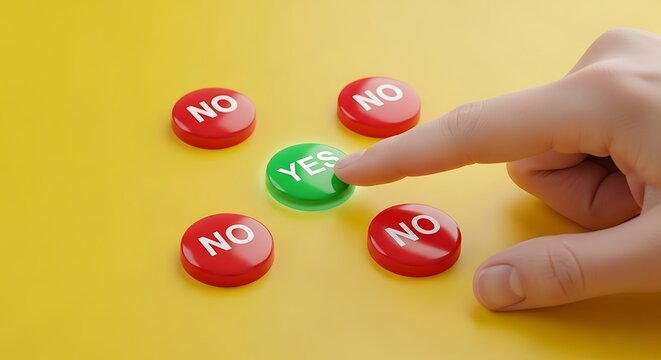 Hand choosing yes button among multiple no options on yellow background