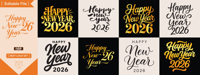 Happy new year 2026 colorful hand lettering typography design in light and dark background variations for celebration greeting use © SkAshik
