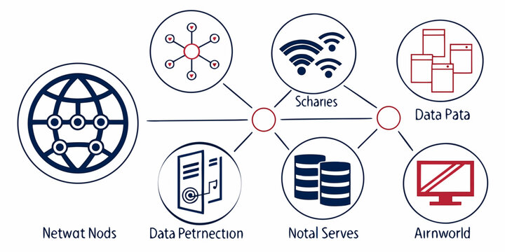 a diagram showing a network with various connected devices and data flow Vector