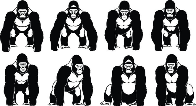 Collection of eight black and white gorilla vector illustrations featuring various powerful primate poses and silverback character silhouettes isolated on a clean white background