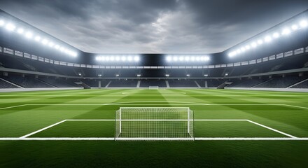 Fototapeta premium Illuminated soccer stadium arena with green field and goal