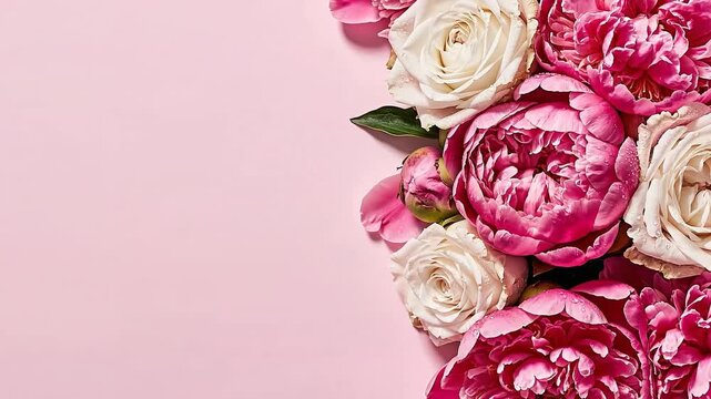 Colorful flowers on pink background with copy space  
