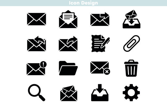 Set of icons featuring solid communication and mail symbols. Glyph icons for folder management, file attachments, trash, and settings. Professional email interface elements vector design.