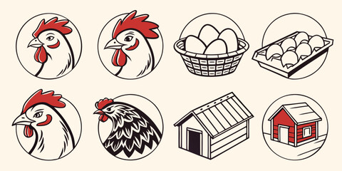 a set of icons depicting chickens and a chicken coop Vector © rabi