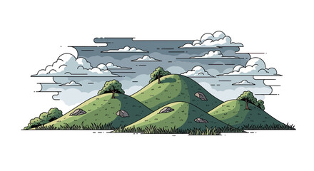 Green rolling hills with trees, rocks, grass, and a cloudy sky © gudangPIXEL