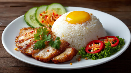 A delicious plate of food with rice egg and meat on a table