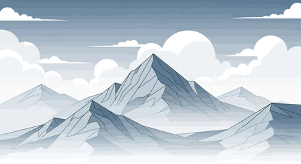 Fototapeta premium Stylized mountain range with a prominent peak against a cloudy, blue sky