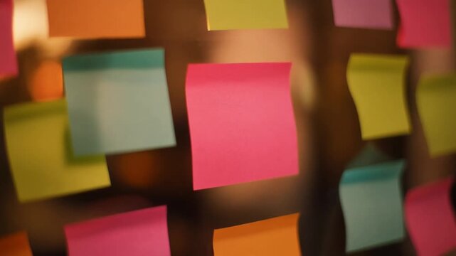 Colorful sticky notes on a brown background with a shallow depth of field creating a soft focus effect