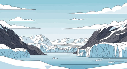 A stylized, graphic illustration of a serene arctic landscape with geometric mountains and icy water © gudangPIXEL