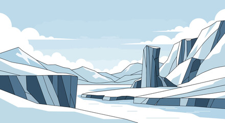 Icy landscape with sharp, angular mountains and a calm body of water under a cloudy sky © gudangPIXEL