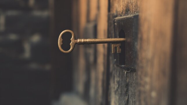 A brass key, slightly misaligned with the lock on the old wooden door. Real estate listings and building combinations, designed specifically for showcasing real estate listings and luxury residences.