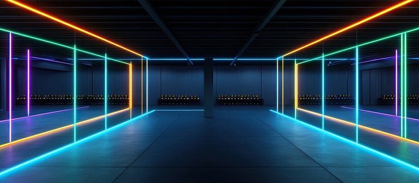 Symmetrical Neon Light Frames in a Dark, Modern Fitness Studio
