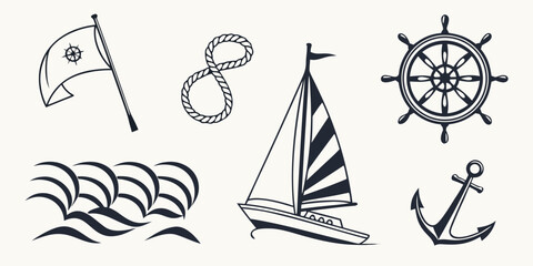 a collection of nautical icons including a flag rope sailboat waves ship wheel and anchor Vector © rabi