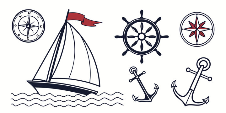 a sailboat and nautical icons including an anchor and steering wheel Vector