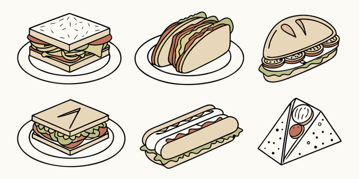 a variety of sandwiches and tacos on plates Vector