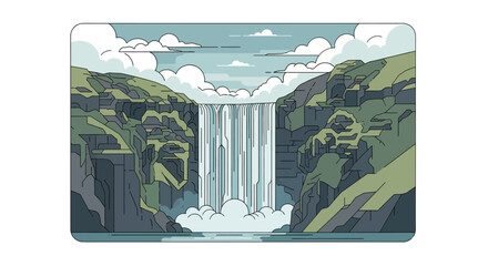 Wide waterfall cascades between rocky, green-sloped cliffs under a cloudy sky © gudangPIXEL