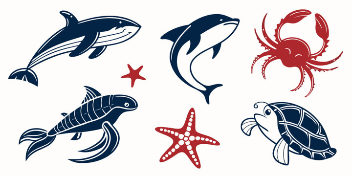 a group of sea creatures including a shark dolphin crab turtle fish and starfish Vector