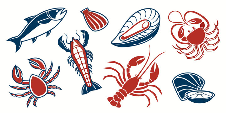 a collection of seafood icons including fish and shellfish Vector