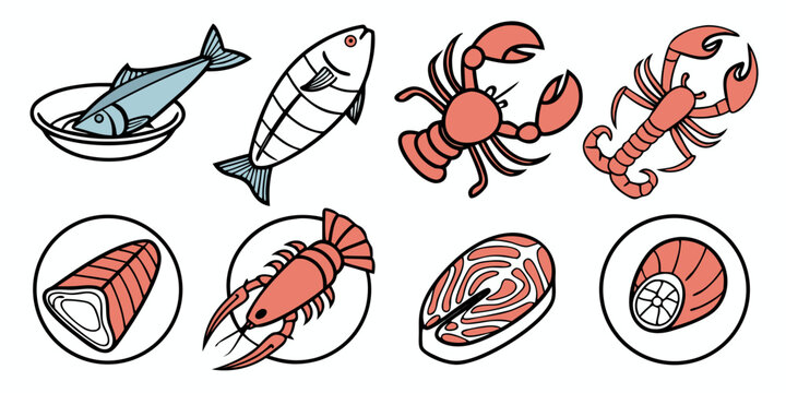 a collection of seafood icons including fish and crustaceans Vector
