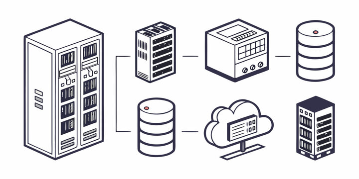 a diagram showing a server connected to various data storage and cloud computing elements Vector