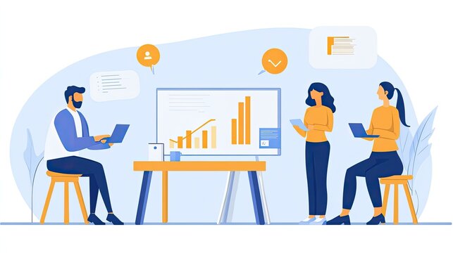 Team Collaboration: Data Analysis and Presentation in Modern Office Setting
