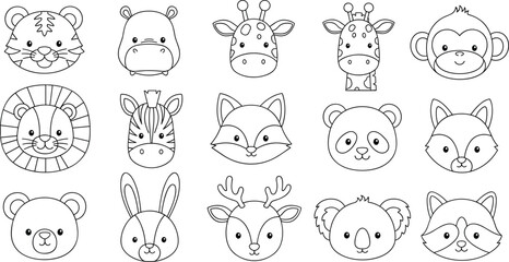 Obraz premium Cute animal face coloring book page set with tiger, lion, panda, and giraffe characters for kids activity, outline vector illustration