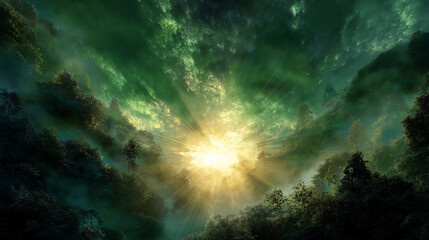 Fototapeta premium sun rays shining through a lush green forest clouds