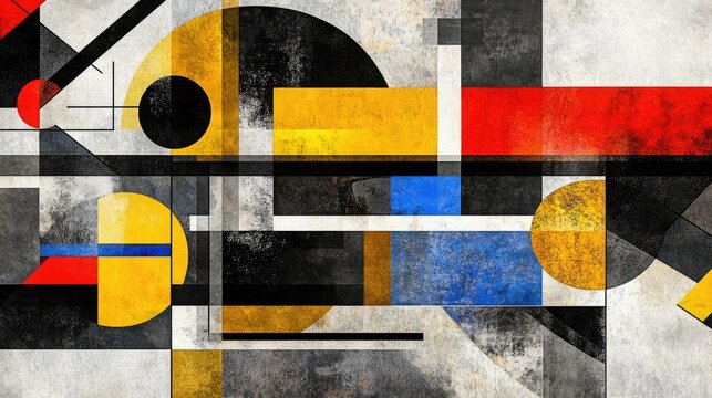 Textured Abstract Geometric Art: Bold Primary Colors, Grayscale, and Dynamic Intersecting Shapes