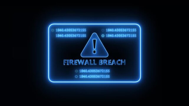 Network security system detecting firewall breach on futuristic monitoring screen with glowing blue alert panel showing digital intrusion warning