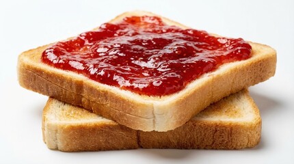 Two slices of toast with strawberry jam on white background